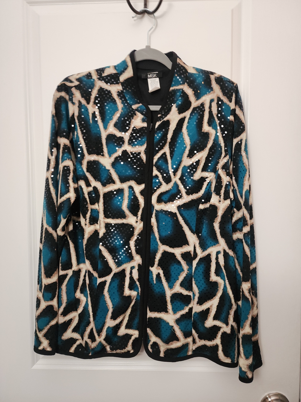 MSK Animal Print Sequin Zip-Front Bomber Jacket